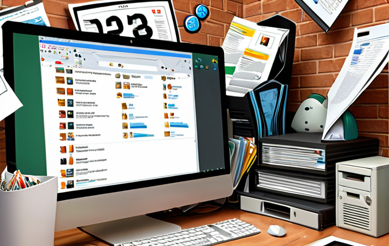 **A cluttered computer desktop with temporary files overflowing, symbolizing digital junk. Use a style reminiscent of a humorous cartoon, incorporating icons of popular browsers and file types.**
