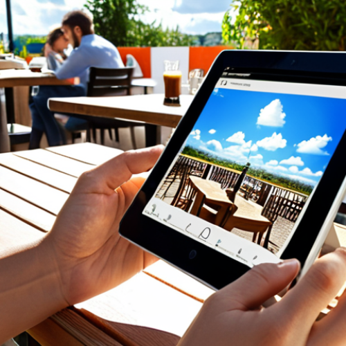 Home 6 ** A person working on a tablet at a sunny outdoor cafe, with a seamless virtual desktop interface displayed on the tablet screen. Show a modern, clean workspace with secure access icons. Emphasize mobility and cloud connectivity.
**