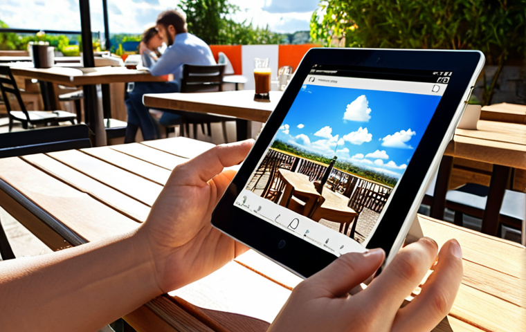 ** A person working on a tablet at a sunny outdoor cafe, with a seamless virtual desktop interface displayed on the tablet screen. Show a modern, clean workspace with secure access icons. Emphasize mobility and cloud connectivity.
**
