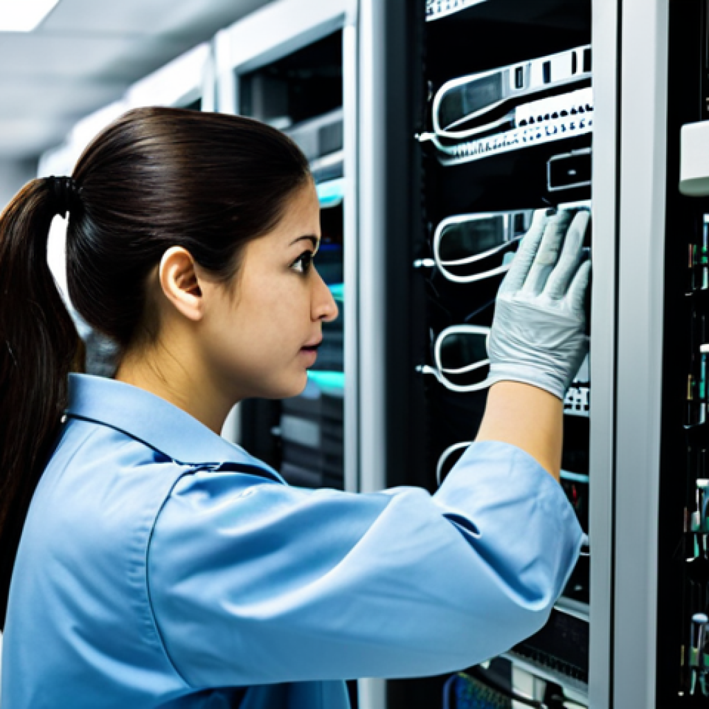 **
"A technician in a clean, well-lit server room, fully clothed in appropriate anti-static gear, carefully examining computer hardware. Racks of servers are visible in the background, with blinking lights. Focus on precision and attention to detail. Safe for work, appropriate content, professional, perfect anatomy, correct proportions, natural pose, well-formed hands, proper finger count, natural body proportions, high quality, fully clothed, modest attire, safe environment."
**