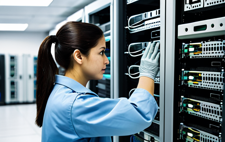 **
"A technician in a clean, well-lit server room, fully clothed in appropriate anti-static gear, carefully examining computer hardware. Racks of servers are visible in the background, with blinking lights. Focus on precision and attention to detail. Safe for work, appropriate content, professional, perfect anatomy, correct proportions, natural pose, well-formed hands, proper finger count, natural body proportions, high quality, fully clothed, modest attire, safe environment."
**