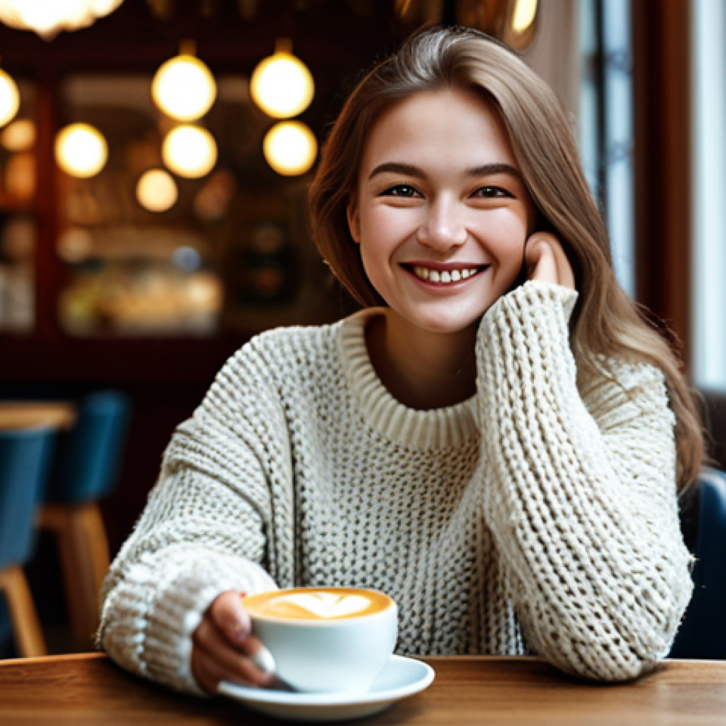 Cozy Coffee Shop Scene**
"A young woman with a warm smile, wearing a knitted sweater and jeans, sits at a table in a bustling Moscow coffee shop. She's sipping a latte and reading a book. Soft, natural lighting, blurred background, cozy atmosphere, fully clothed, safe for work, appropriate content, professional photography."
**