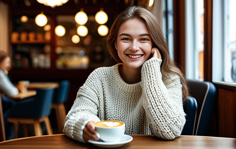 Cozy Coffee Shop Scene**
"A young woman with a warm smile, wearing a knitted sweater and jeans, sits at a table in a bustling Moscow coffee shop. She's sipping a latte and reading a book. Soft, natural lighting, blurred background, cozy atmosphere, fully clothed, safe for work, appropriate content, professional photography."
**