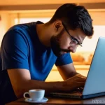 PC 온도 모니터링 소프트웨어 - **Overheating Nightmare at Dawn:** A young adult, likely in their early twenties, is sitting hunched...